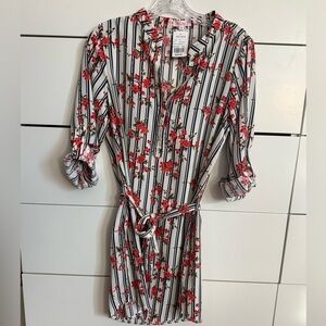 A’gaci pink white navy Floral Striped Long Sleeve Dress
